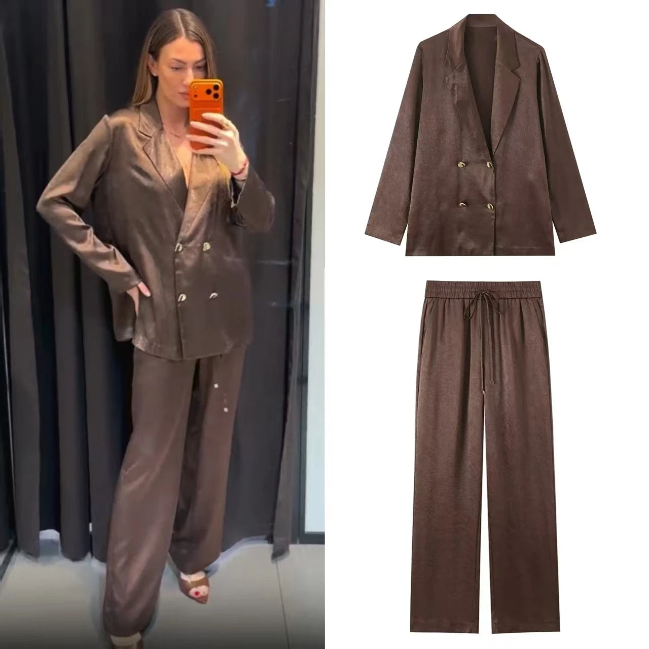 Women's Suit 2026 Spring New Style Reddish-Brown Long Sleeve Draped Pleated Decorative Simple Blazer and Trousers Set Fashion
