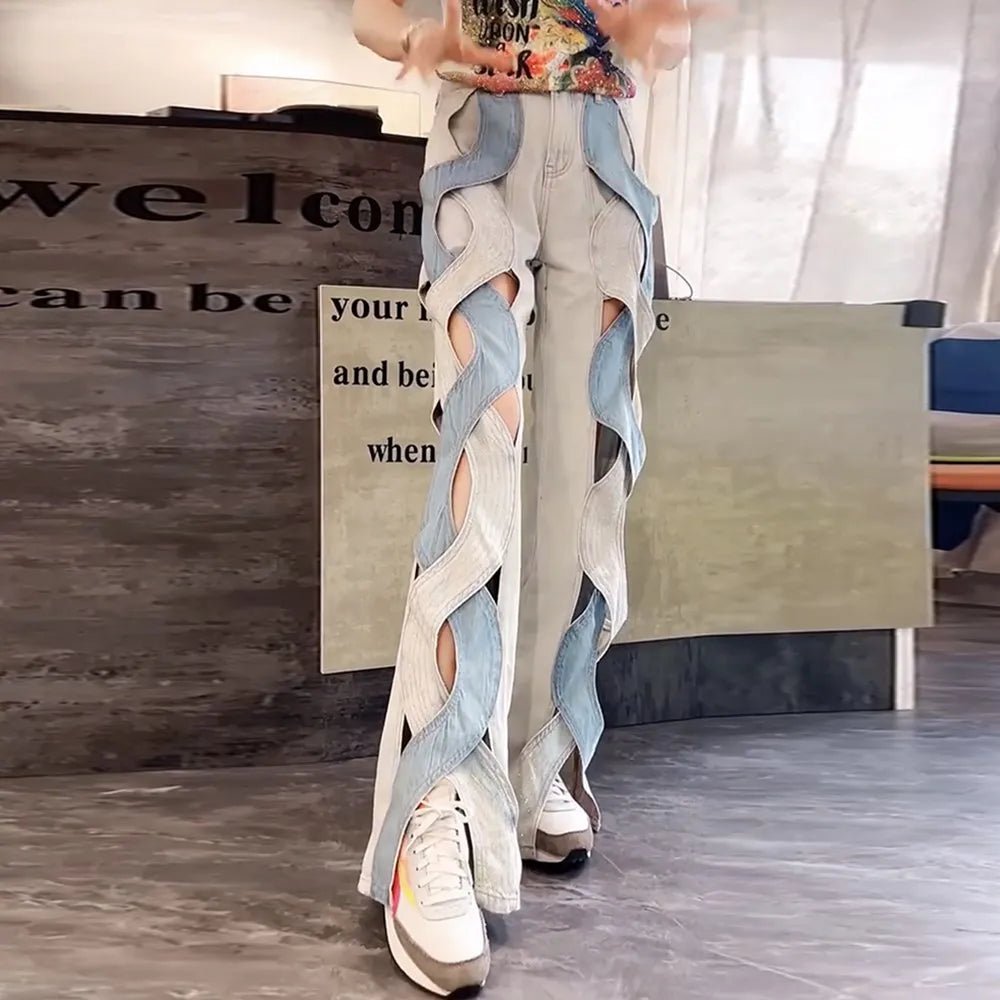 Calça jeans feminina VGH Crisscross Hit Color Streetwear cintura alta patchwork bolsos vazados calças femininas