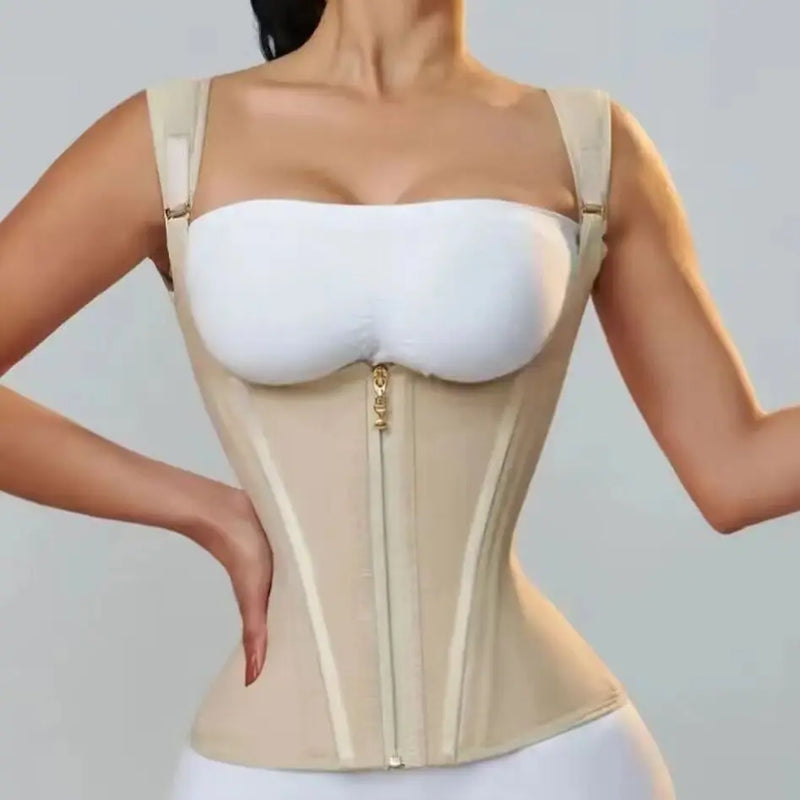 Colete de postura com cintura de malha elástica de alta qualidade com 15 ossos, modelo de barriga, cinto com cordão e zíper, top modelador retrô com seios grandes
