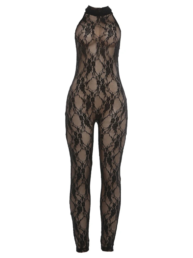 Weird Puss See through Backless Jumpsuit Women Sexy Wild Jacquard Bandages Halter Sleeveless Stretch High Street Party Clubwear