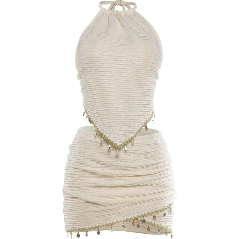 Kliou Tassel Decoration 2 Piece Set Woman Lace-UP Halter Backless Tank Tops+Skinny Mini Skirts Beach Party Sexy Fashion Outfits