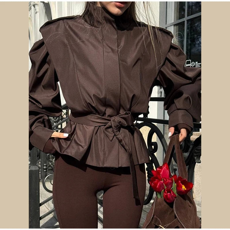 Fashion Stand Collar Belted Waist Short Jacket For Women Casual Puff Sleeve Wide Shoulder Coat Lady 2026 Chic Street Outerwear
