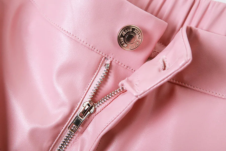 Calças casuais de couro sintético com perna reta e bolsos lisos, cintura alta, moda feminina