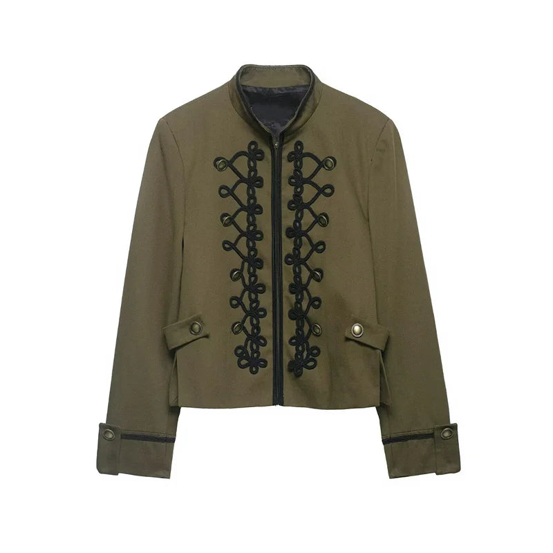 Women's Jacket 2026 Spring New Solid Color Long Sleeve Rope Knot Button Napoleon Style Slim Jacket Fashionable and Unique