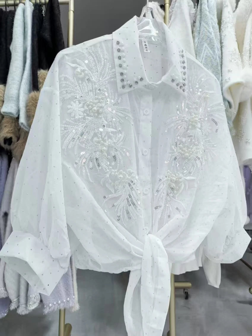 High-end Sequines Pearls Beaded Stitch Sunscreen Blouses Shirts for Women Cardigans Spring Summer Top Korean Popular Clothes