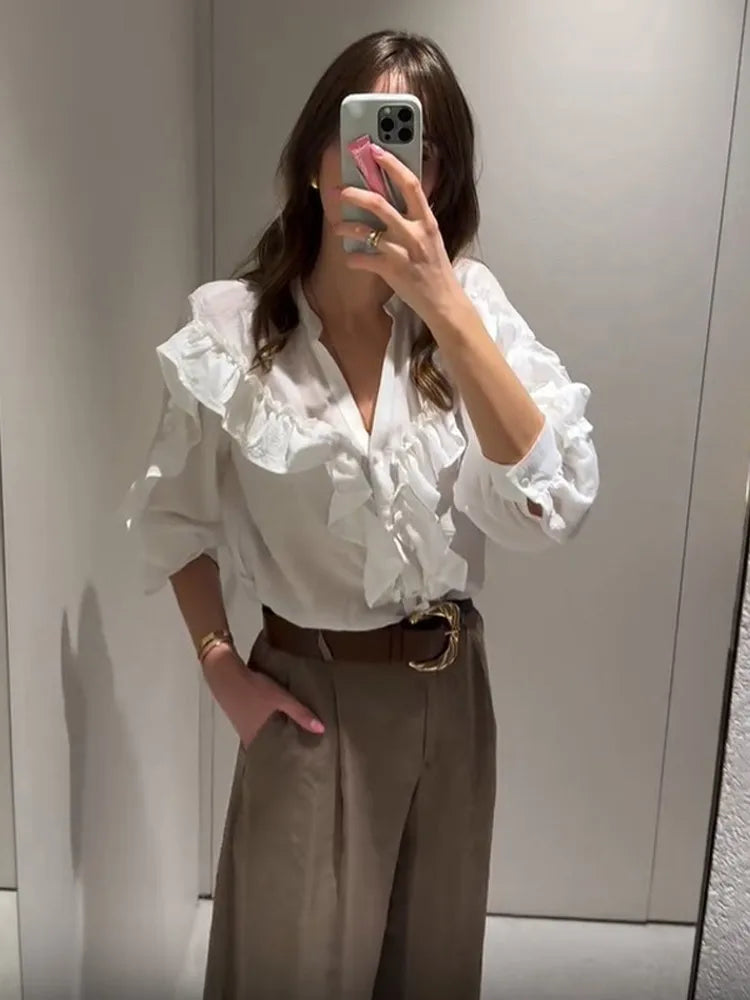 Blusa feminina elegante, azul, gola alta, babados, manga comprida, lisa, solta, chiffon, nova blusa feminina de verão 2025