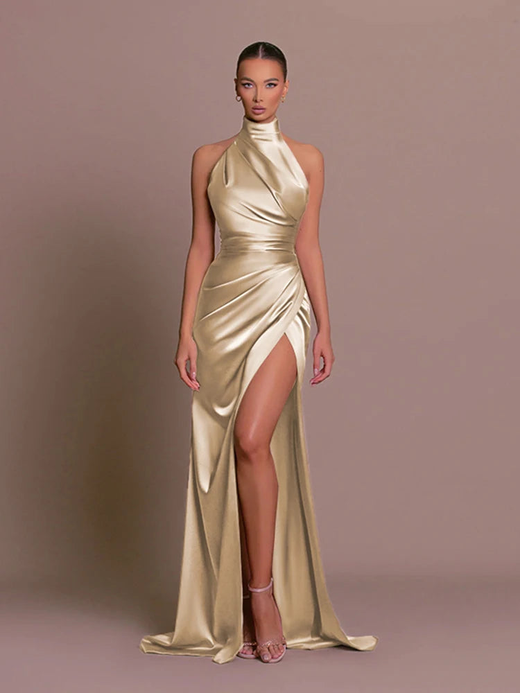 Women's Elegant Design Dresses 2024 High Waist Slim Neck Bridesmaid Dresses Sleeveless Split Slim Gowns Long Dresses