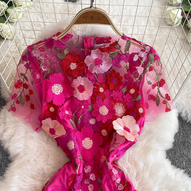 Summer High-end Embroidery Lace Prom Dress Women French Luxury 3D Flower Short Sleeve Long Dress Party Bodycon Holiday Vestido