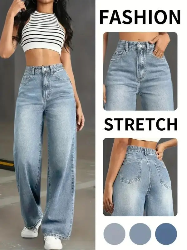 Classic Blue Y2K Jeans for Women Straight Leg Stretchy Denim Trousers Simple Design Retro Style Elastic Waist