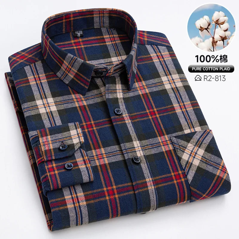 Pure Cotton Men's Plaid Shirt Long Sleeve Regular Fit Men Casual Oversized Shirt Leisure Autumn Male Clothes New Plus Size