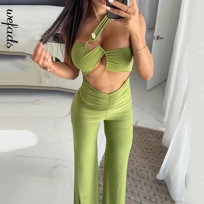 Wefads Macacão Feminino de Verão Sexy Moda Sólida Sem Mangas Irregular Oco Costas Sem Costas Cintura Fina Macacão Slim