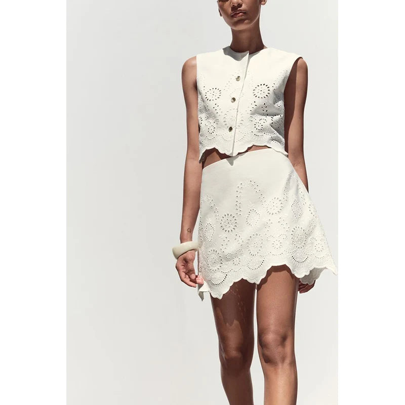 Embroidered Hollow out Vest Top 3356868 High Waist Skirt Pants 3357868 Faionable Two-Piece Set round Ne Button Closure ...