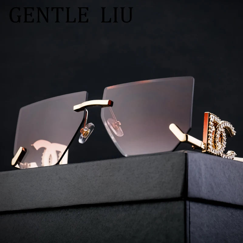 Óculos de sol quadrados sem aro punk femininos, armação de metal, design de marca de luxo, óculos retrô para mulheres, proteção UV400, 2025