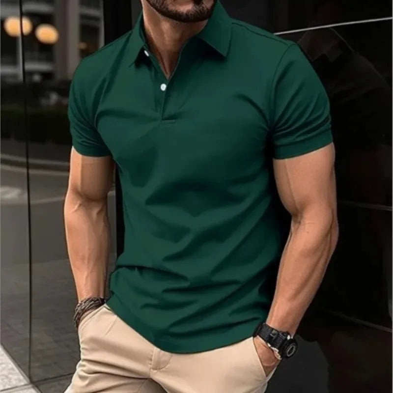 2024 New Men's Summer Casual Solid Color Button Short Sleeved T-shirt Polo Shirt With Purple Loose Collar Daily Versatile Shirt