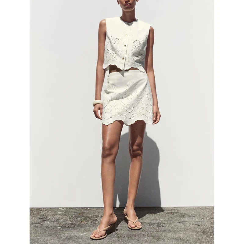 Embroidered Hollow out Vest Top 3356868 High Waist Skirt Pants 3357868 Faionable Two-Piece Set round Ne Button Closure ...