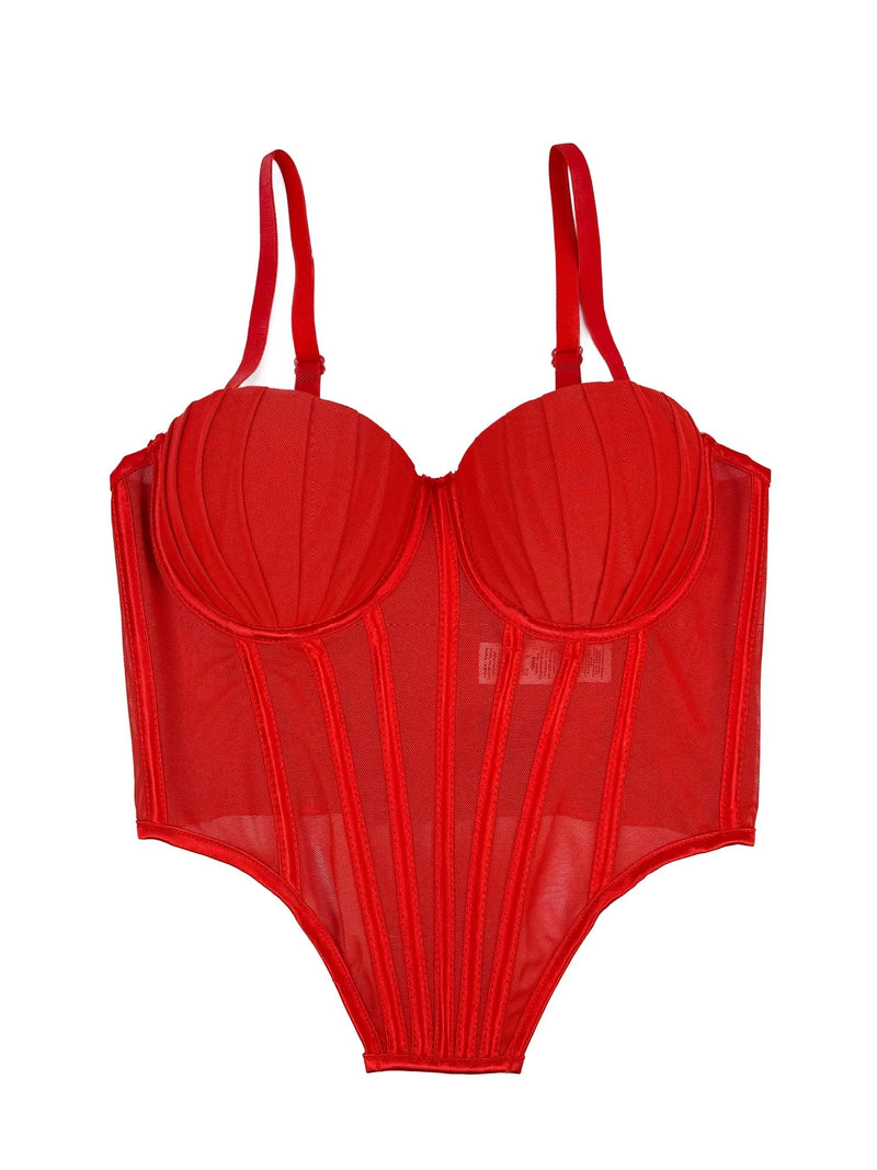 Corpete transparente de malha feminino, faixa espinha de peixe na cintura, corpete bustiê, tops sensuais