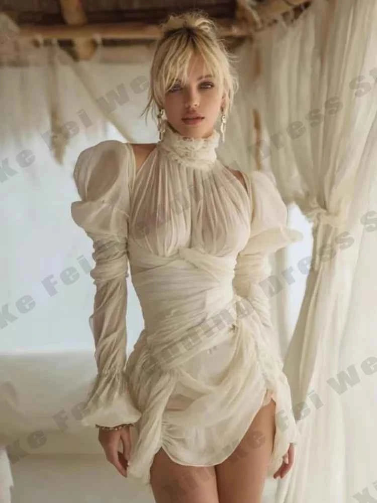 Vintage Puff Short Wedding Dresses High Collar A-Line Tulle Mini Bridal Gown Princess Pleats Bride Gown Customized vestidos 2026