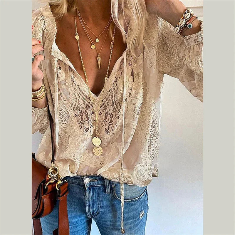Blusa feminina elegante com decote em V profundo e renda de outono, blusa casual para trabalho, nova blusa feminina com decoração de alças e cor sólida