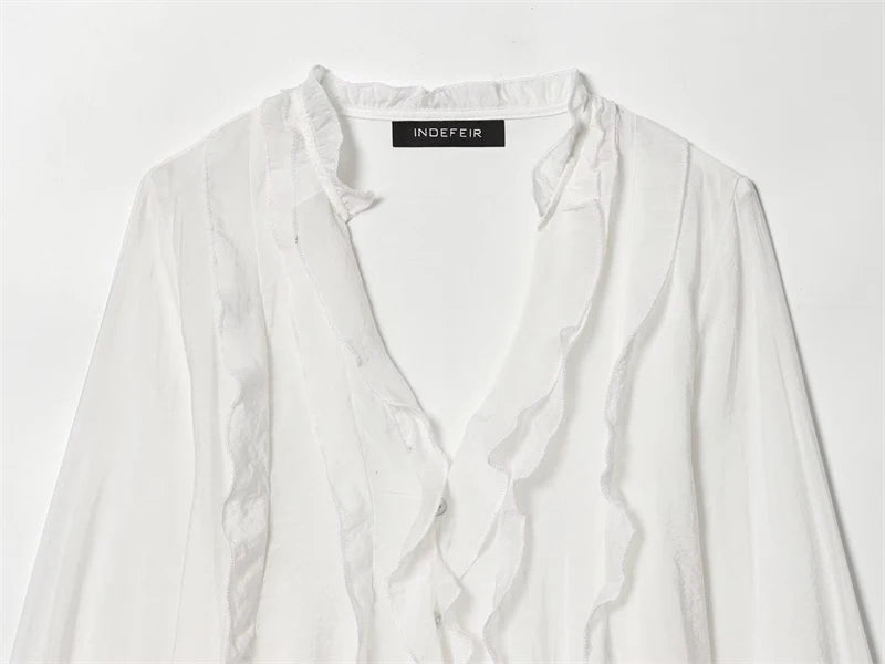 Women Shirt 2025 New Fashion Autumn Long Sleeve Layered Decorative Blouse for Women Casual Chic V-neck Ladies Top