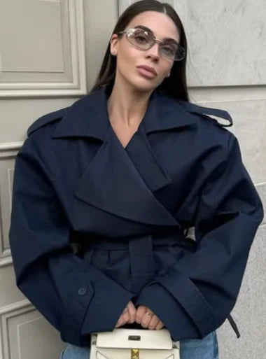 Women Lapel V-neck Belt Trench Coat Fashion Lace Up Full Sleeve Button Short Thin Windbreak 2025 New Lady Daily Street Outerwear