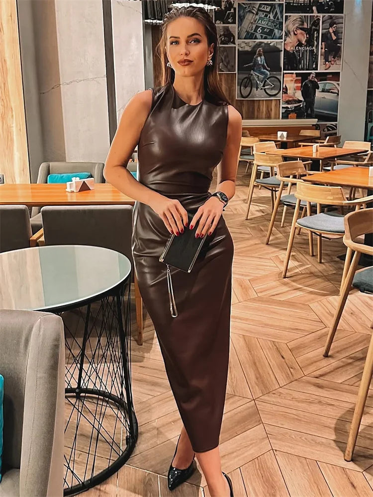 Tossy PU Sexy Fashion Maxi Dress For Women High Waist Sleeveless Slim Patchwork Solid Skinny Streetwear Female Bodycon Dress New