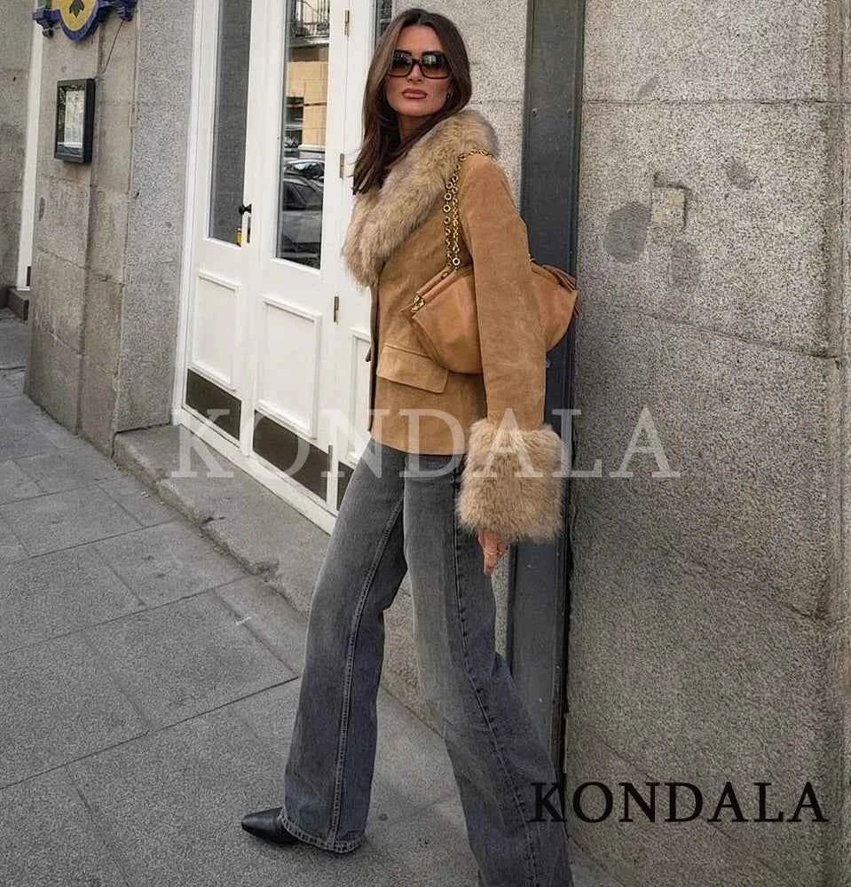 KONDALA Fall Fur Collar Suede Blazer Women's Elegant Buttons Slim Suit Jacket 2025 Autumn Fashion High Street Faux Fur Blazer