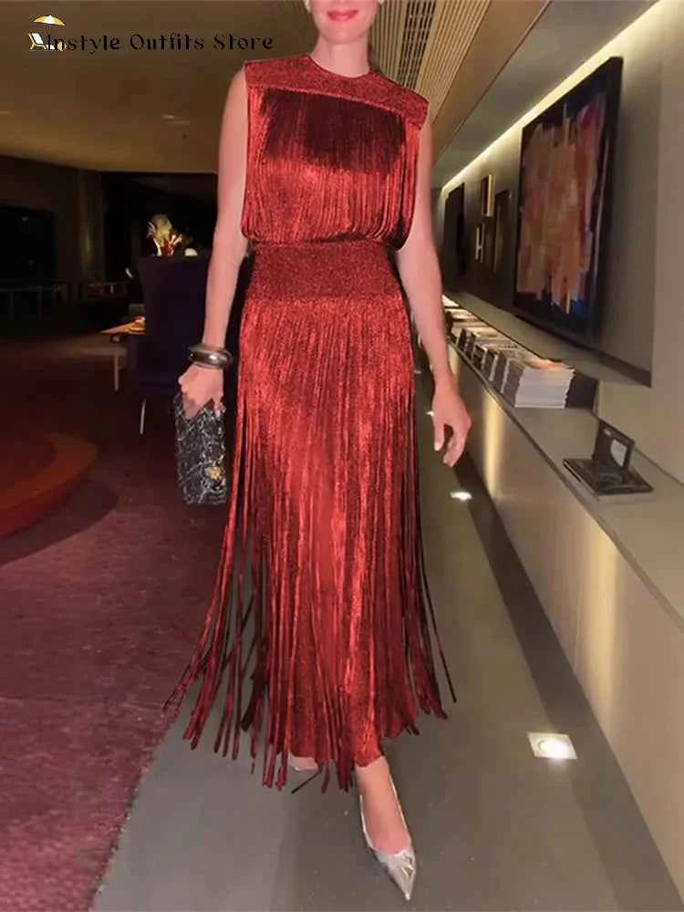 Elegant Tassel Maxi Dress Women Slim Spring Summer O-neck Shine Ankle-length Dresses Lady Sleeveless Solid Robe Female Party