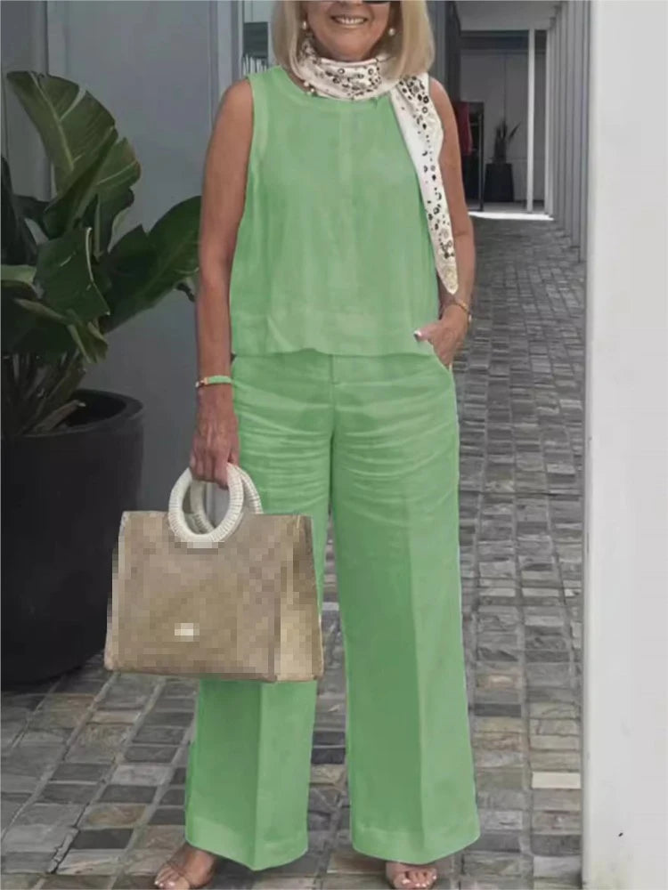 Terno feminino simples de algodão e linho, moda verão, blusa solta sem mangas, calças de perna larga, conjunto de duas peças para mulheres, roupas casuais