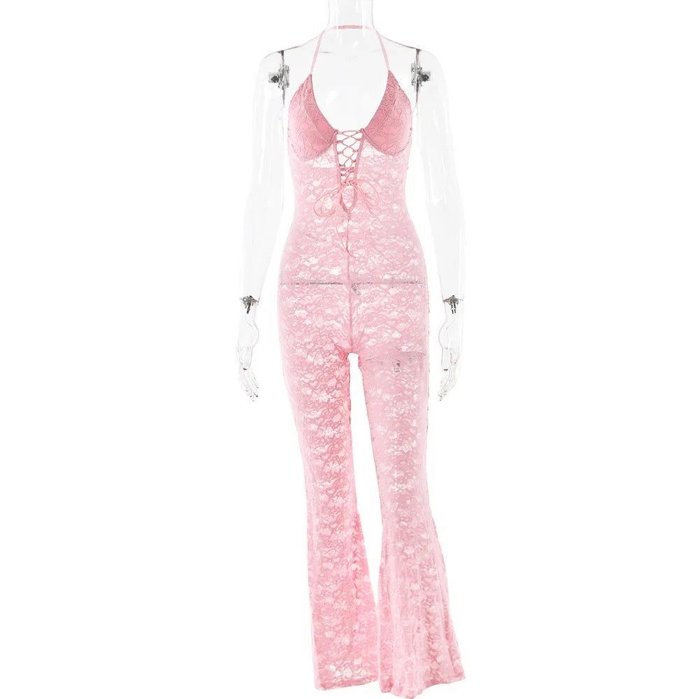 Women's New Sexy Fashion Hollow-Out Lace See-Through Backless Halter Slim Jumpsuit