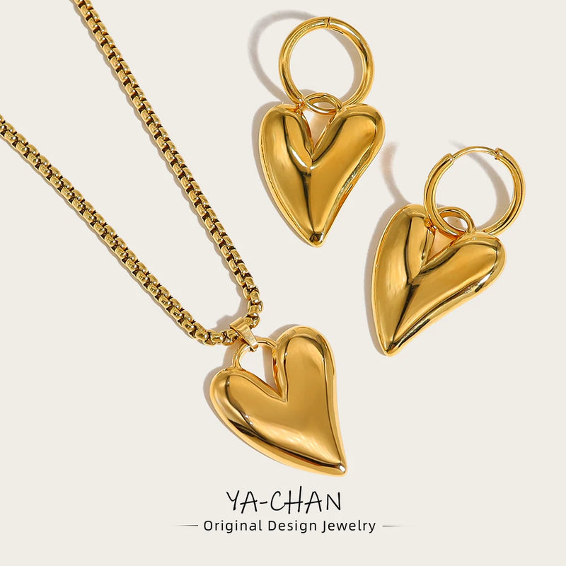 YACHAN 18K Gold Plated Stainless Steel Irregular Heart Necklace Earrings for Women Glossy Chic Waterproof Jewelry Set - CRAVO ROSE