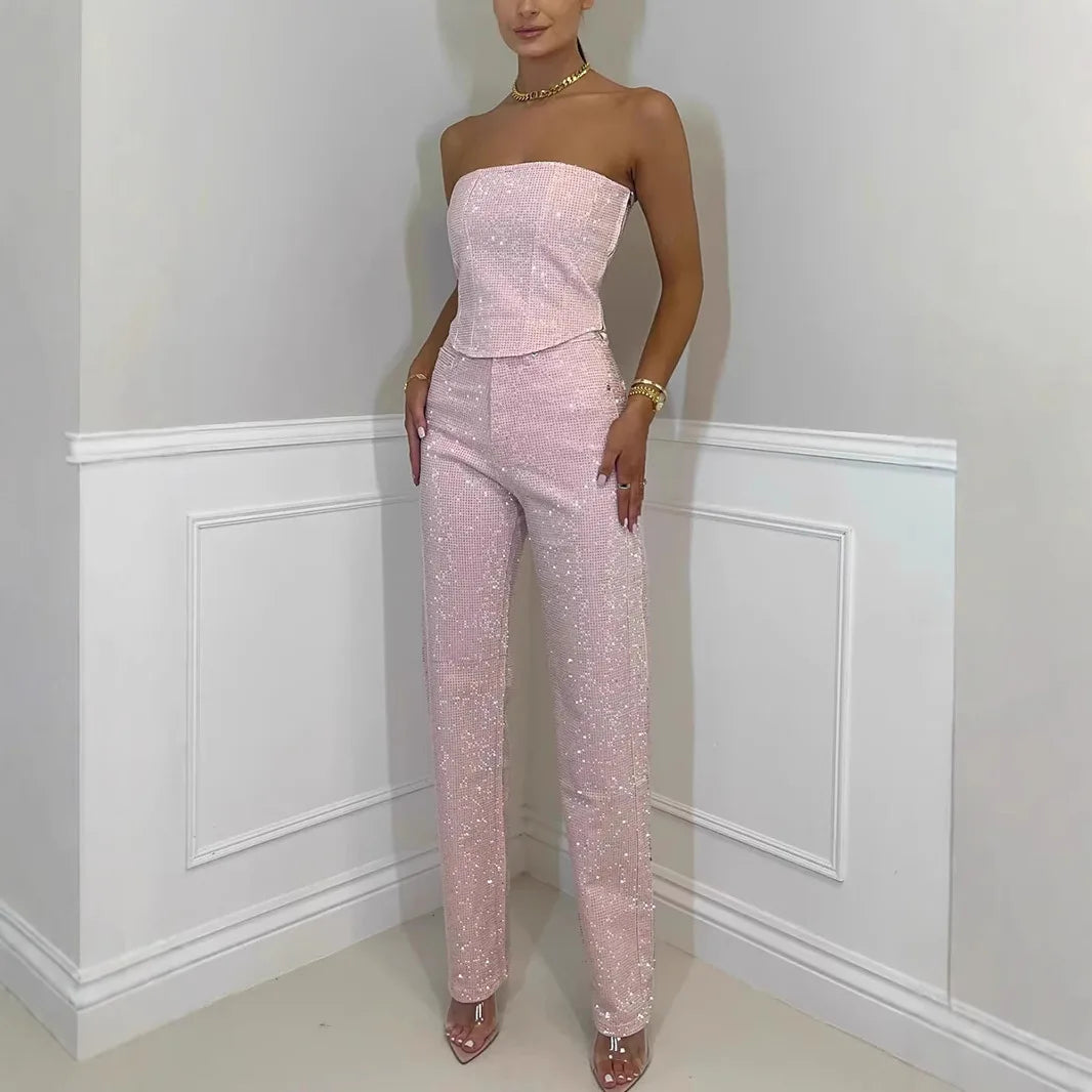 Shiny Two-Piece Suit Set for Women Sexy Shoulder-Baring Crop Top And Long Pants Glittering Rhinestones Fall Fashion Outfit