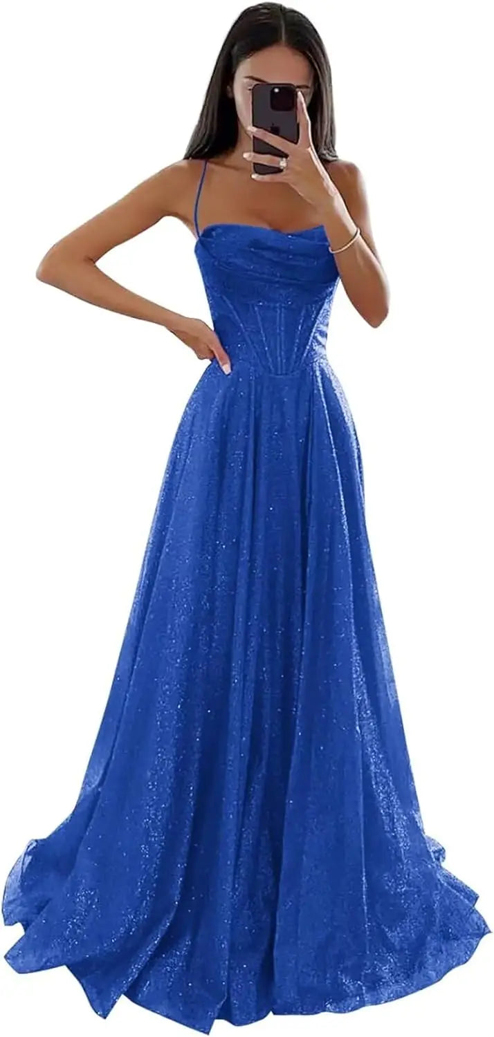 Spaghetti Straps Sleeveless Prom Dress for Women Long Shiny Tulle Formal Evening Party Gown with Slit Formal Dress Women Elegant