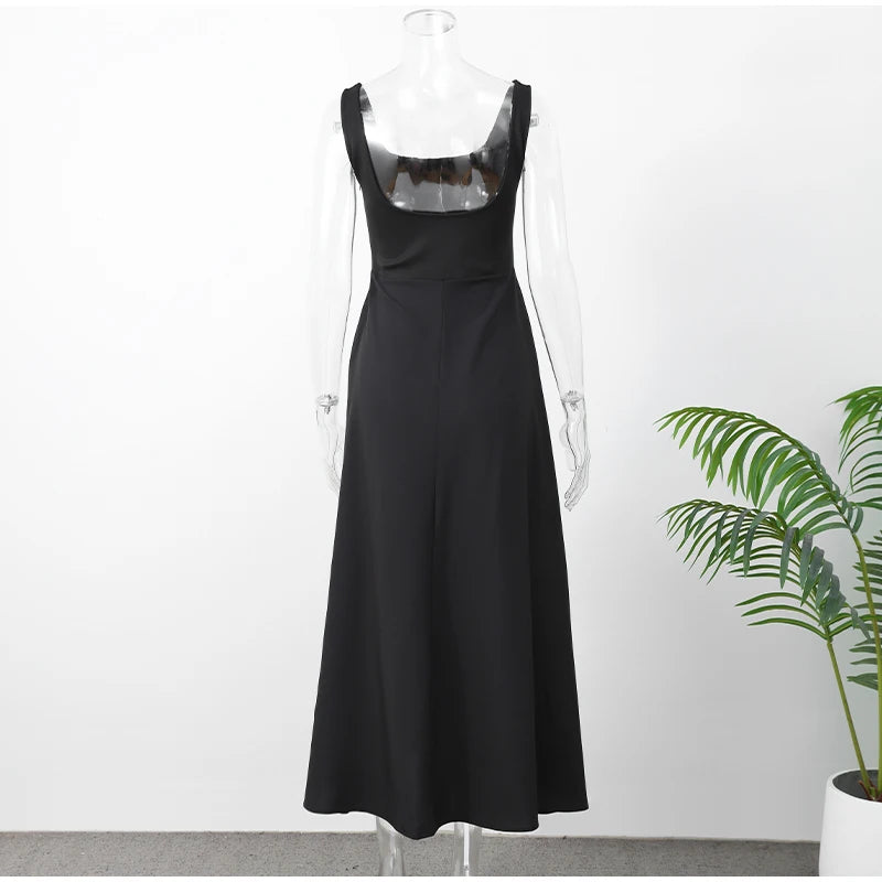 Vestido elegante branco de cintura alta feminino, moda verão, gola quadrada, sem mangas, linha A, 2025, nova vocação, festa na praia, moda urbana