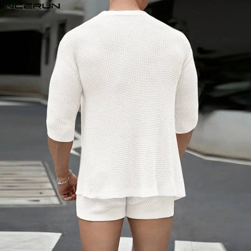 Conjuntos masculinos cor sólida, cardigan de meia manga e shorts com cordão, duas peças, moda urbana, ternos casuais
