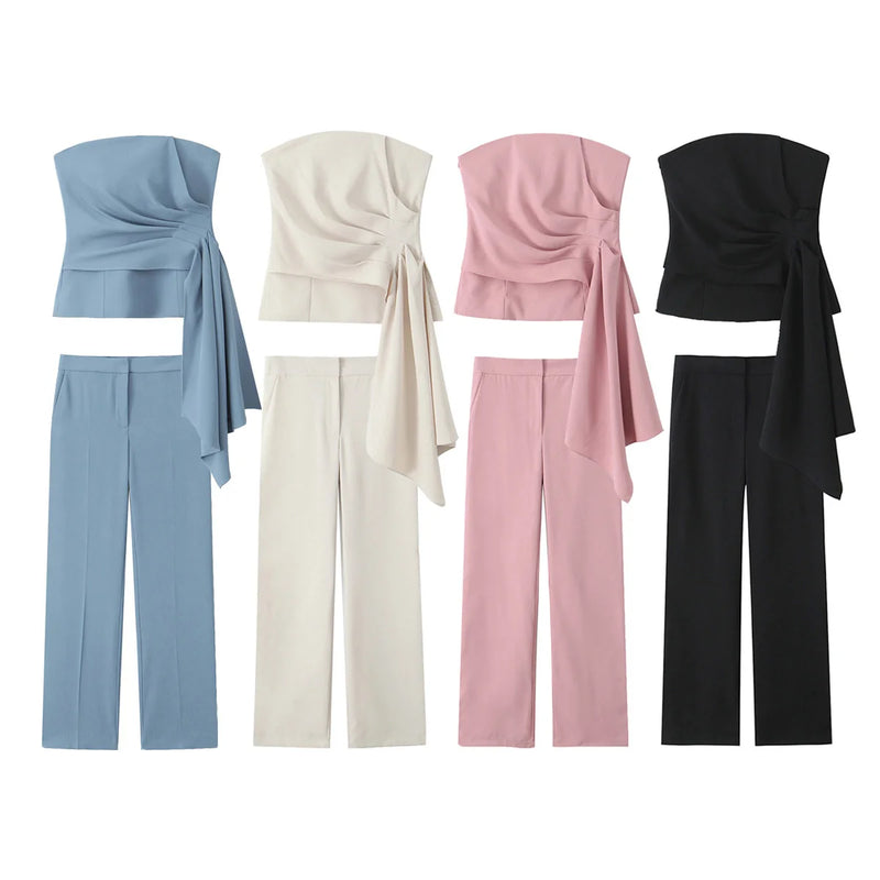 TRAFZA Women 2 Piece Set Solid Asymmetric Folds Side Zip Design Short Vest Top+Fashion Pockets High Waist Casual Wide Leg Pants