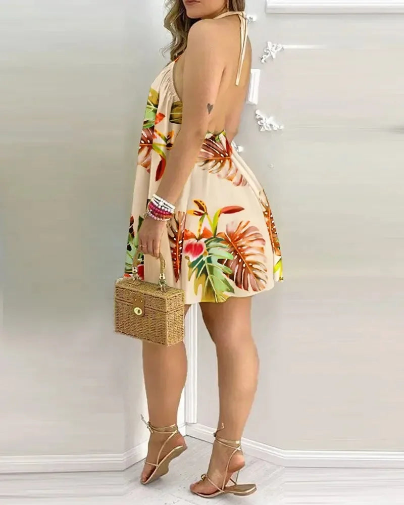 Vestidos Sem Mangas Sem Costas Curto Mini Vestido Solto Halter Neck Estampa Praia Vestido de Verão Floral Vestidos S-3XL