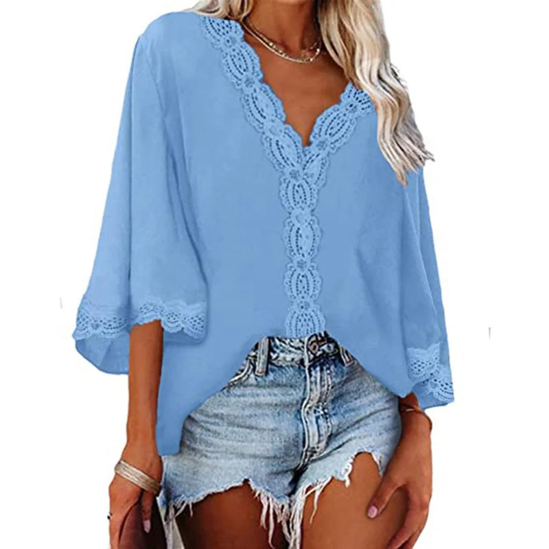 Blusa feminina de chiffon com costura de renda, decote em V, manga flare, blusa solta de verão, moda simples