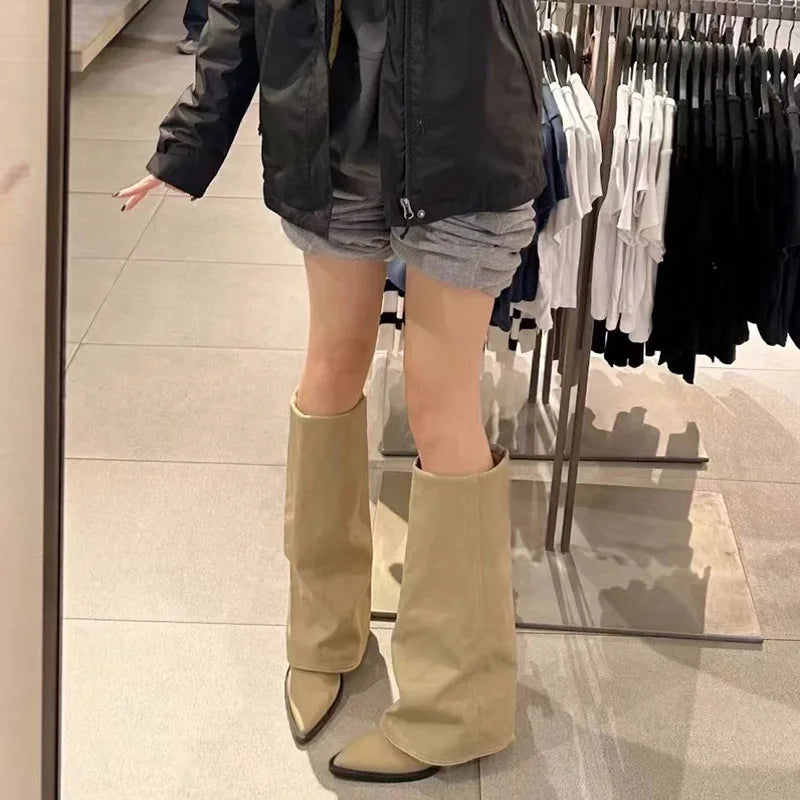 Botas de couro chunky de salto alto femininas, bico fino, estilo Chelsea, novas bombas femininas, botas gladiadoras para neve