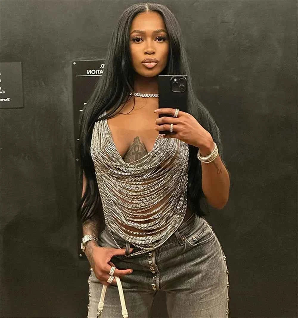 Women Metal Chain Tassel Tank Top Sexy Deep V Neck Backless Hollow Out See Through Crop Top Body Chain Party Club Camisole