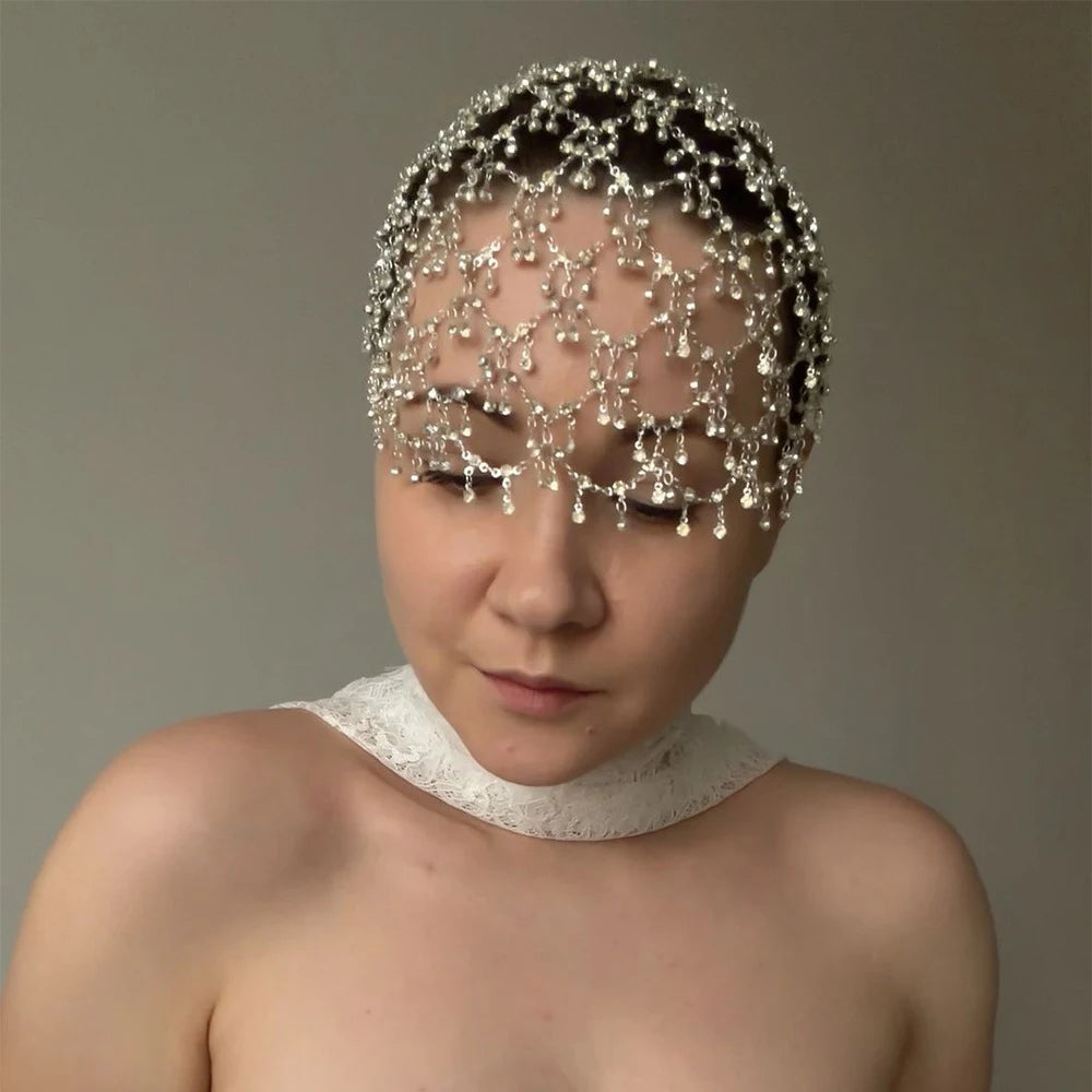 Fashion Round Crystal Mesh Forehead Headband Wedding for Women Handmade Bridal Hollow Rhinestone Hair Chain Hat Boho Accessories