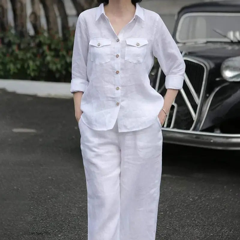 Women Elegant Lapel Neck Long Sleeve Shirt Pants Sets 2PCS Fashion Autumn Outifits Solid Work Trousers Suits Tracksuit