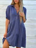 Vestido casual com lapela e babados, linha A, para férias na praia, solto, liso, de algodão e linho, manga curta