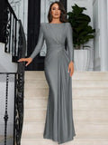 Elegant High Waist Folds Long Maxi Pink Dresses for Women 2025 Chic O-neck Long Sleeve Tunics Slim Solid Party Evening Dress