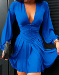 Women's Elegant Party Dress 2024 Summer Autumn Latest Casual Sexy Plumge Ruched Lantern Sleeve Mini Dress Button Short Skirt