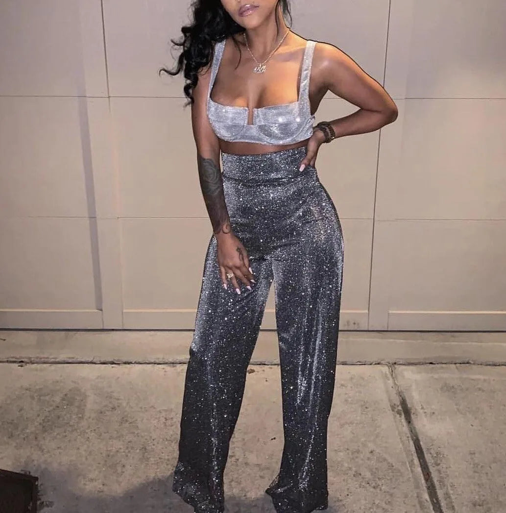 Fashion Elegant High Waist Pants Women's 2024 Spring Drape Straight Sequins Clubwear Trousers Y2k Aesthetics Vintage Streetwear
