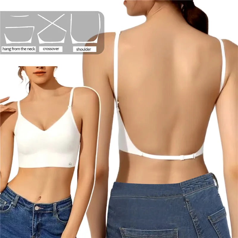 Sutiã invisível feminino com decote em U profundo, top sem costas para vestidos, lingerie sexy com alça transparente, push up, roupa íntima sem alças