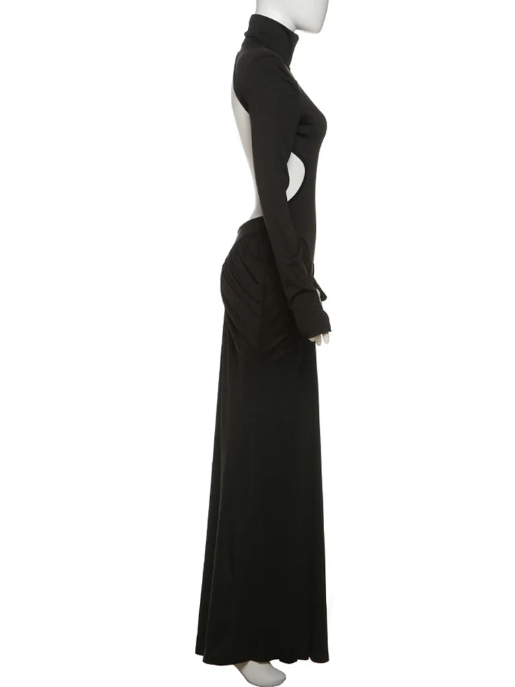 Weird Puss Backless Maxi Dress Women Shoulder Pads Long Sleeve Waistless Peach Buttocks Ruched Elegant Banquet Skinny Vestidos