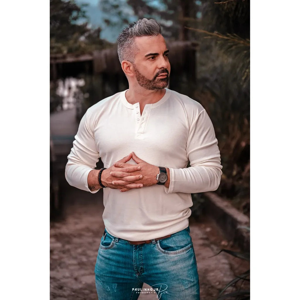 KIT COM 3 Camisetas Henley J Prata Slim Fit Manga Longa 4 Botões