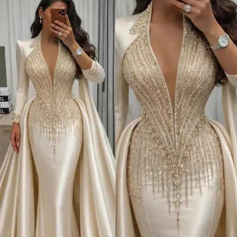 Simple Mermaid Wedding Dress V Neck Beaded Sequins Bride Gowns Elegant Long Sleeve Floor Length Bridal Dresses Customized