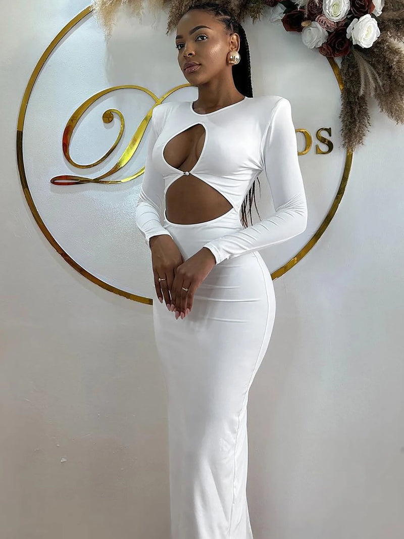 Hawthaw Women 2024 Spring Autumn Sexy Long Sleeve Party Club Hollow Out Bodycon White Long Dress Wholesale Items For Business